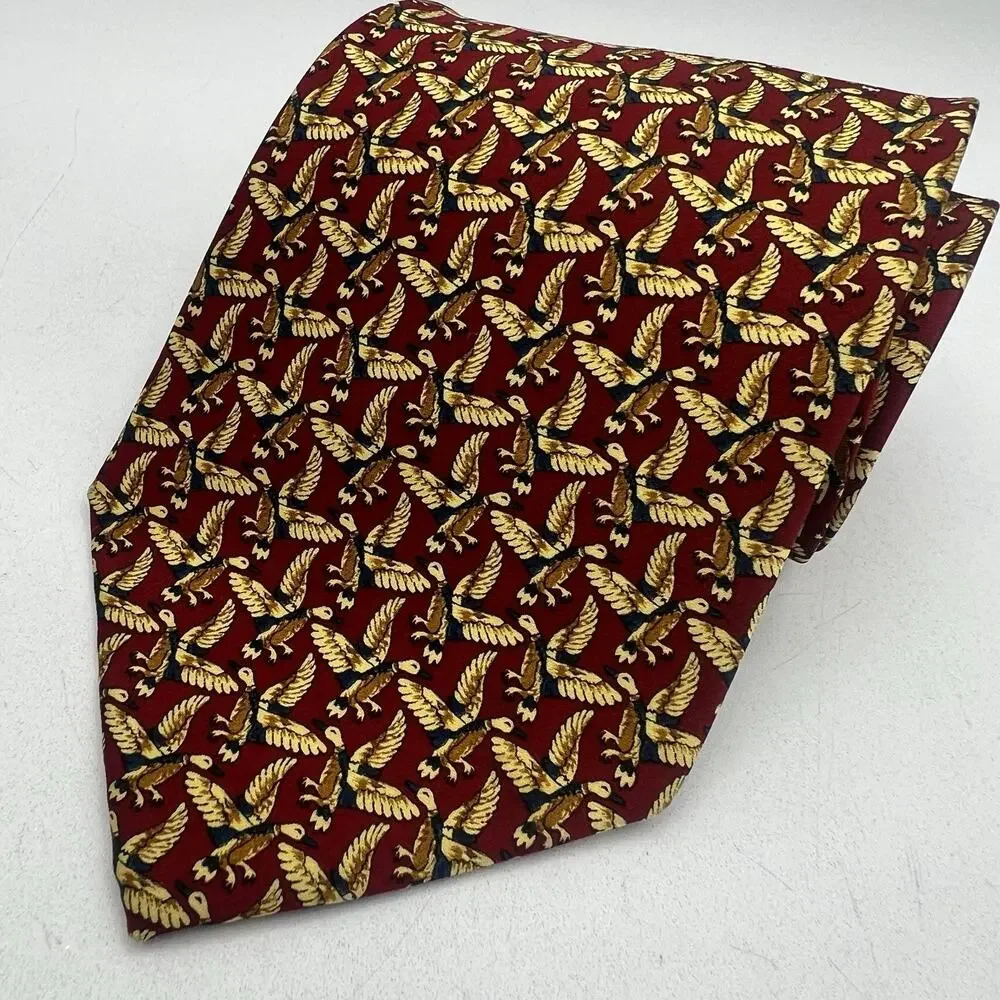 Mens Sinsabang Neck Tie Korea 100% Silk Flying Duck Pattern Red Gold 3.5